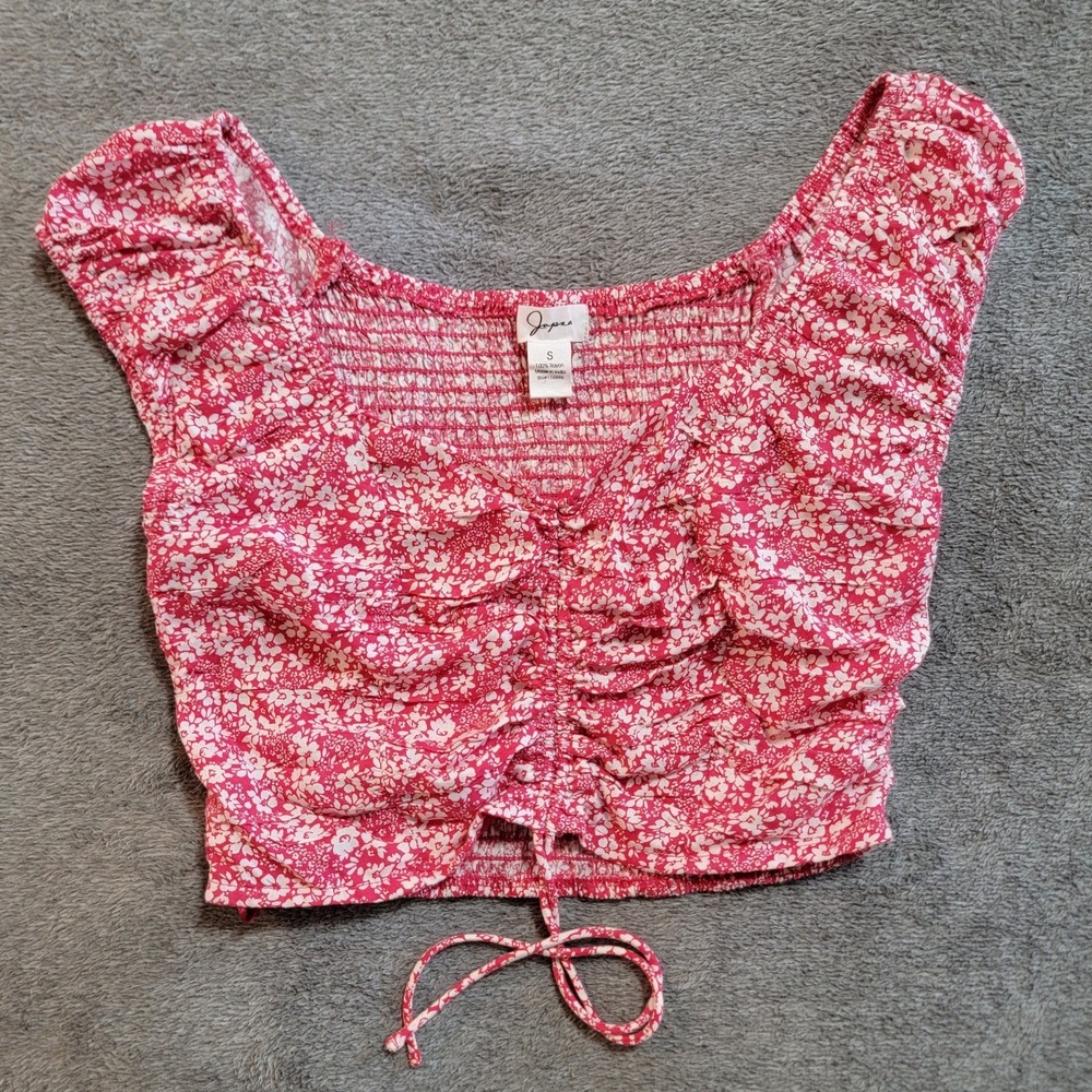 Japna Women's V Neck Cropped Pink Floral Blouse With Bottom Tie Size Small